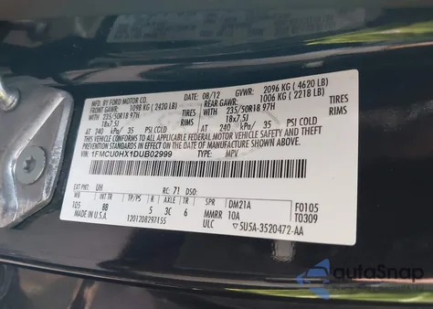 2013 Ford Escape Sel из США, поврежденный, VIN 1FMCU0HX1DUB02999